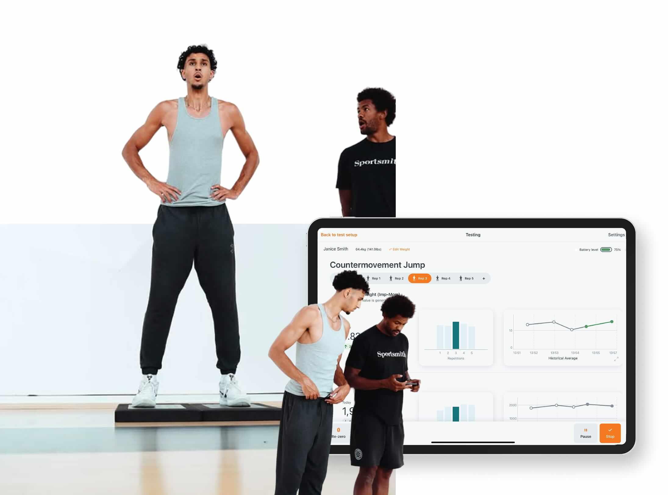 Athlete completing repeated CMJs, with performance changes tracked across attempts in the ForceDecks app.