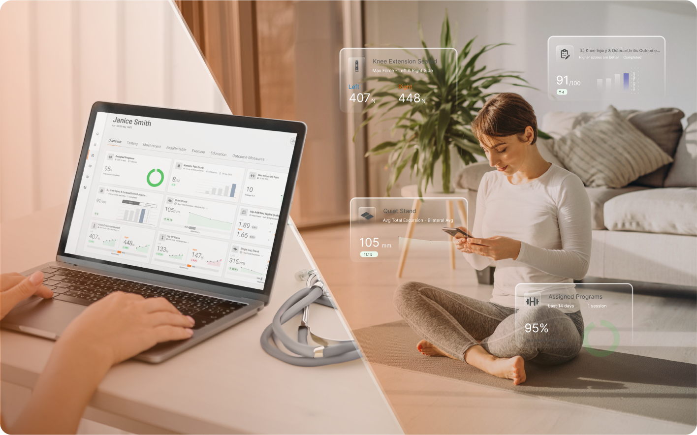 Integrated with VALD Hub, MoveHealth gives practitioners real-time insights while patients track their progress and automatically record their results from anywhere.