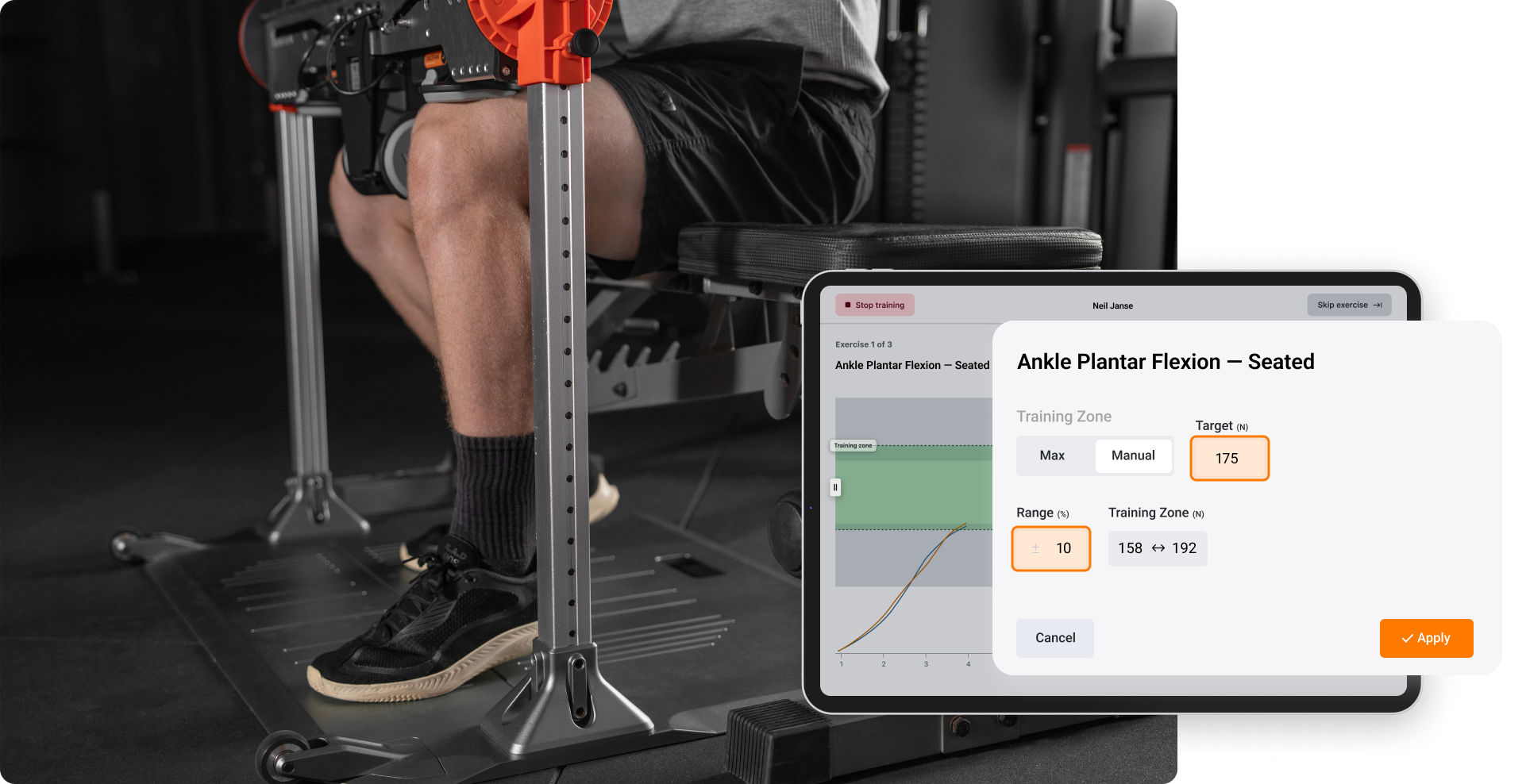 Example of plantar flexion isometric training with ForceFrame Training Mode in early rehab.