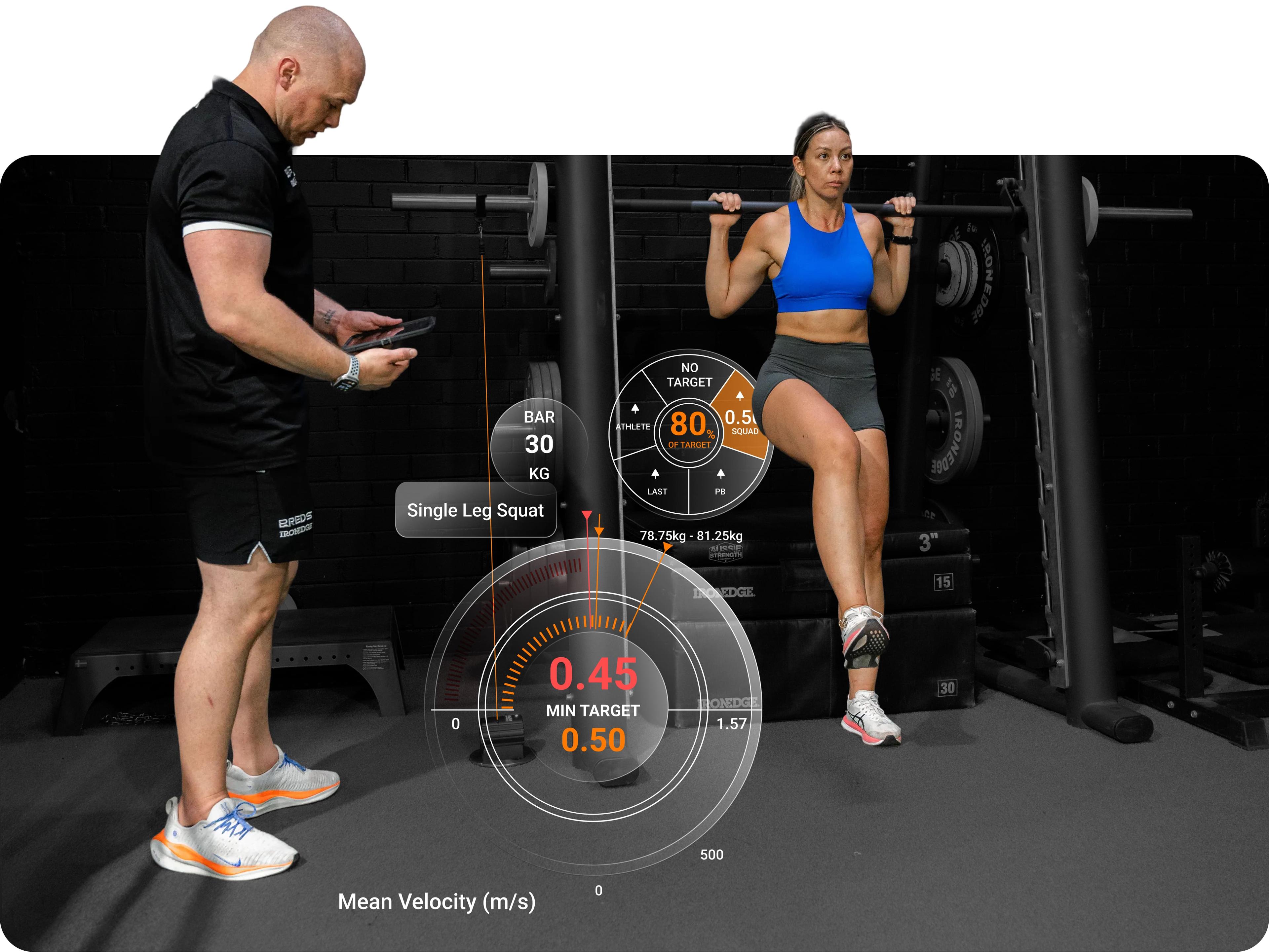 GymAware providing real-time velocity feedback during a single leg squat.