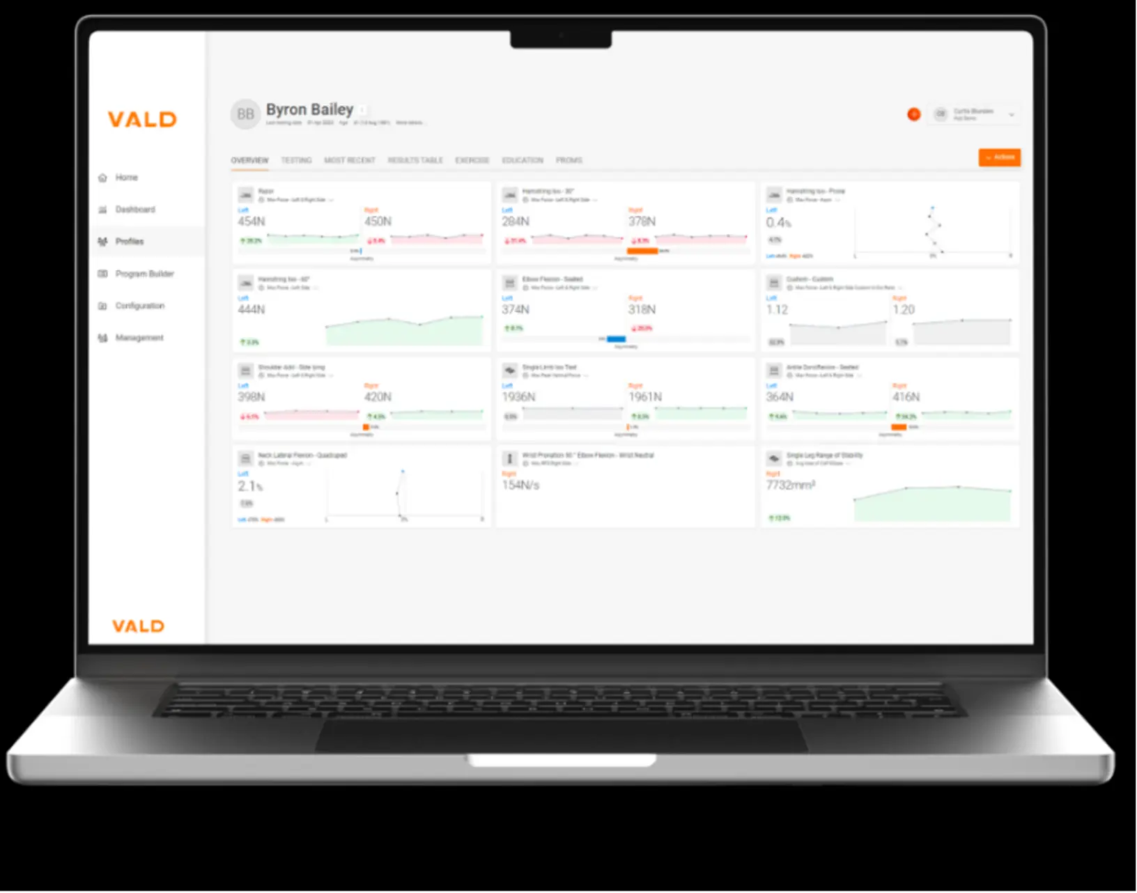 Example of VALD Hub profile page displaying insights from the objective measurement results.