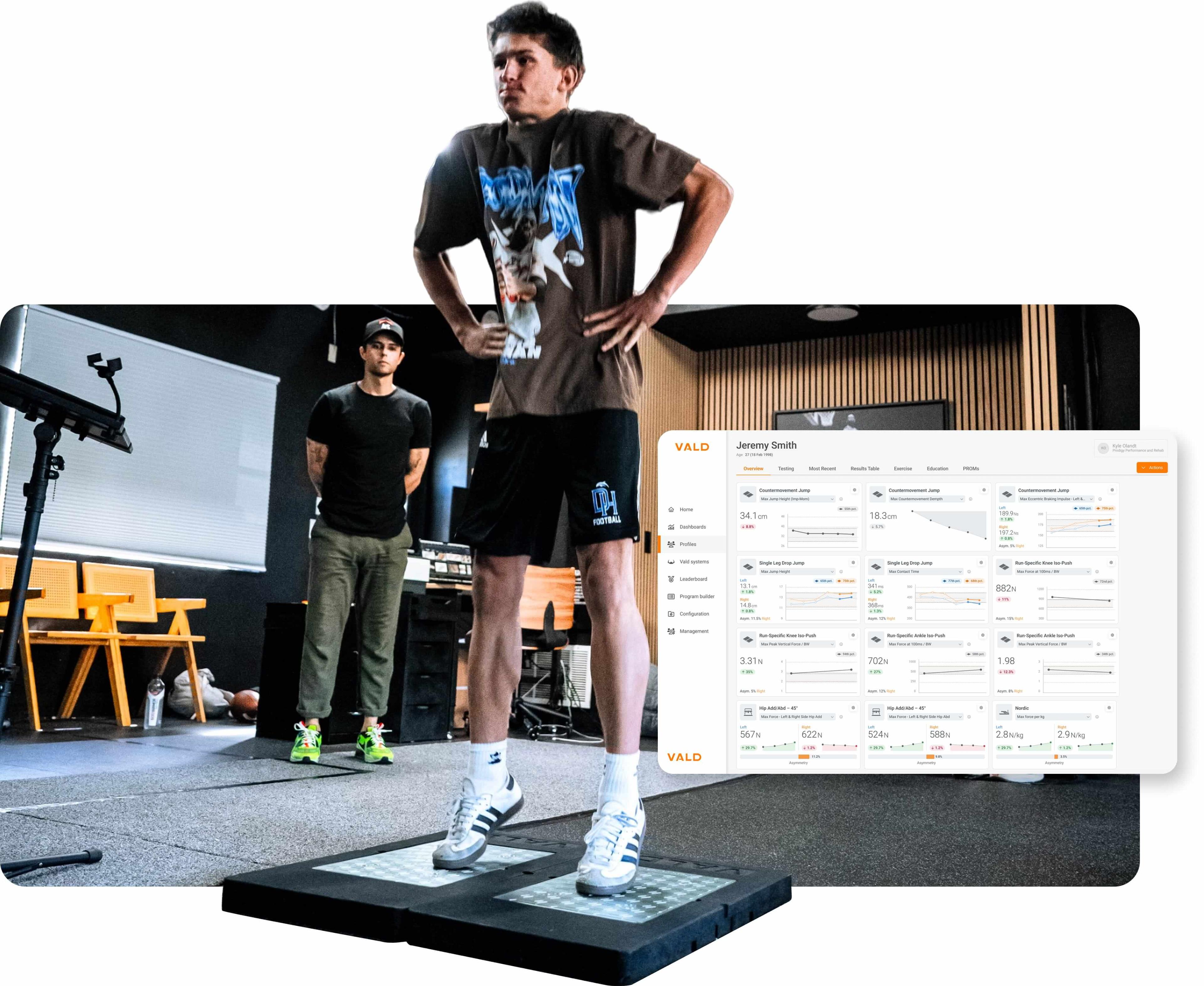 An athlete performing a CMJ using ForceDecks, with their profile highlighting performance characteristics and deficits during rehabilitation.