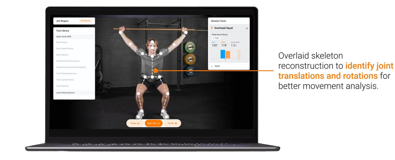 Overlaid skeleton reconstruction to identify joint translations and rotations for better movement analysis.