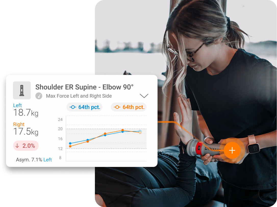 Bloom physiotherapist using DynaMo to assess shoulder external rotation strength.