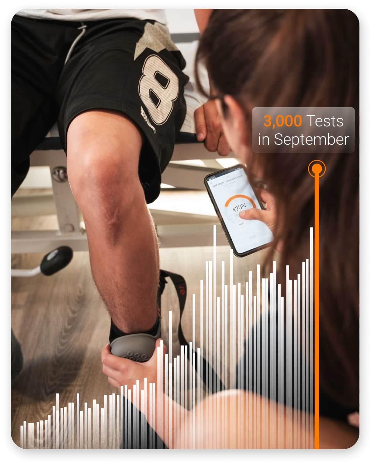 A Carter & George physiotherapist using DynaMo Lite to assess knee extension strength.
