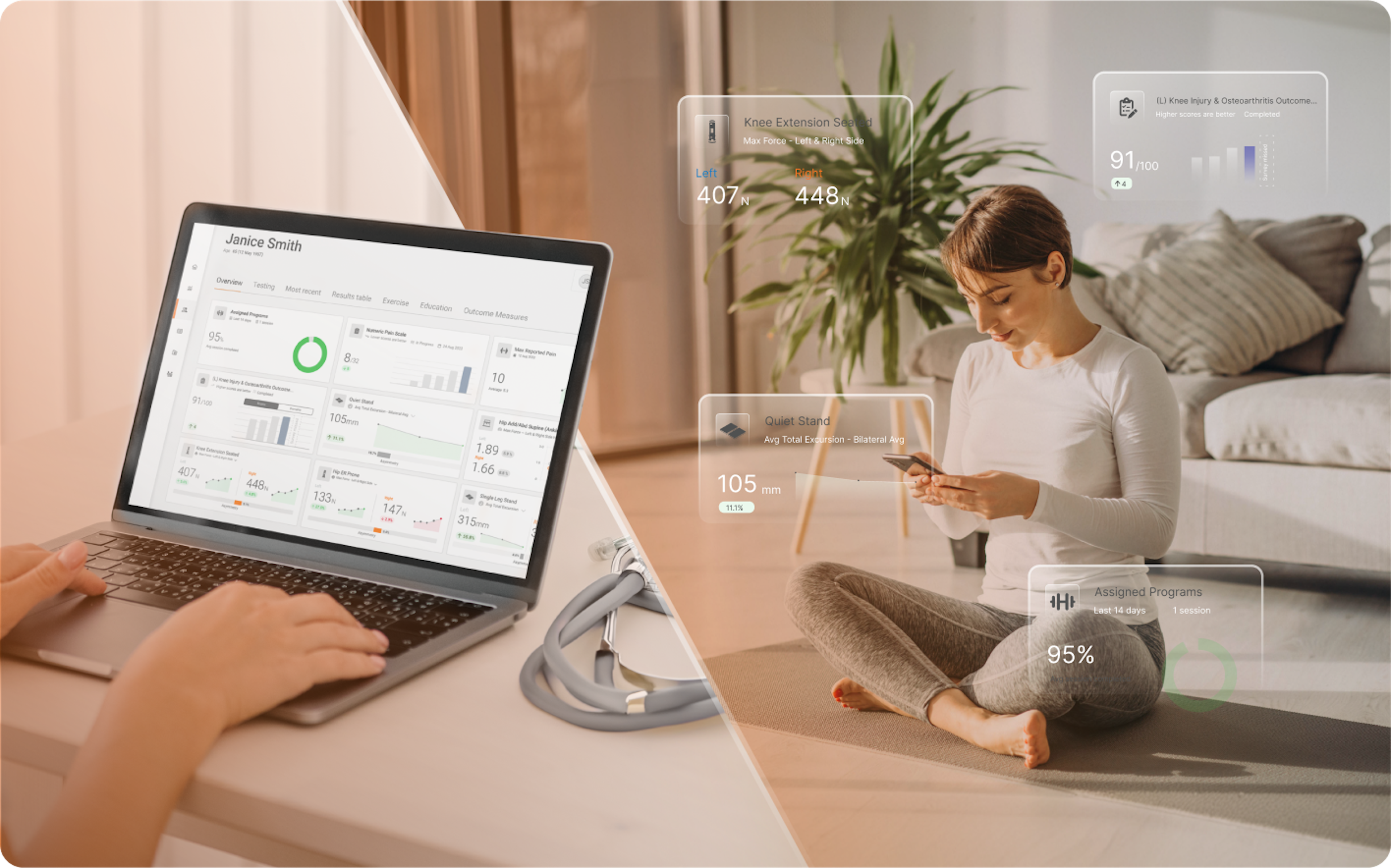 Integrated with VALD Hub, MoveHealth gives practitioners real-time insights while patients track their progress and automatically record their results from anywhere. 