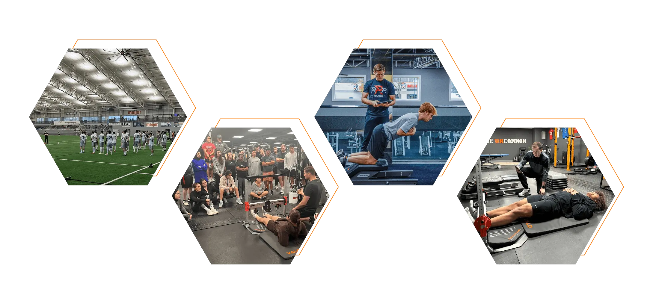 Four hexagonal images in a collage showing athletes using VALD equipment.