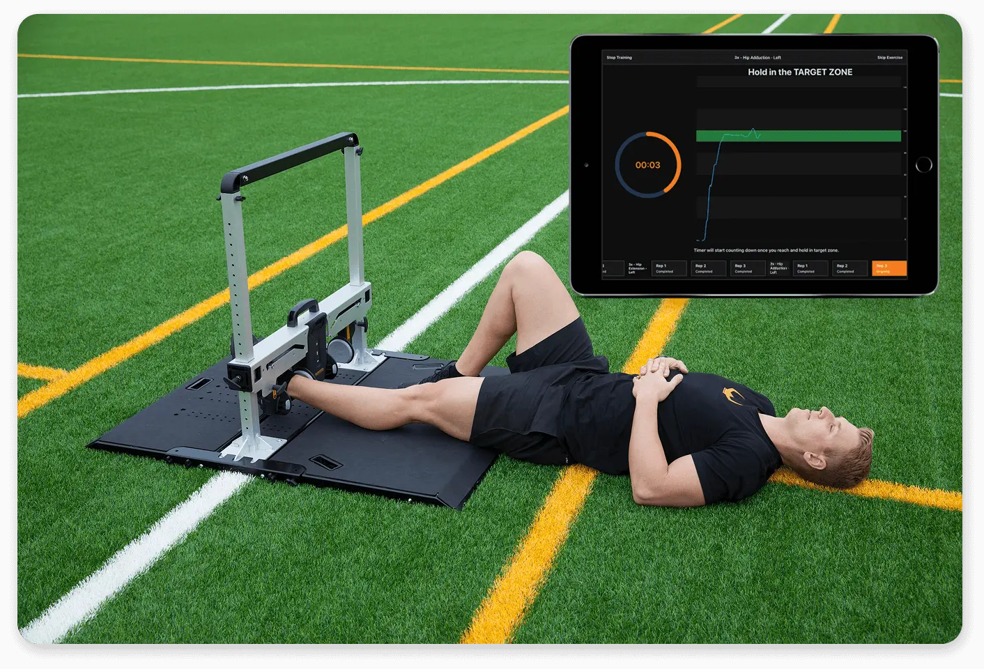 An example of a long lever hip adduction isometric training exercise using ForceFrame's Training Mode.