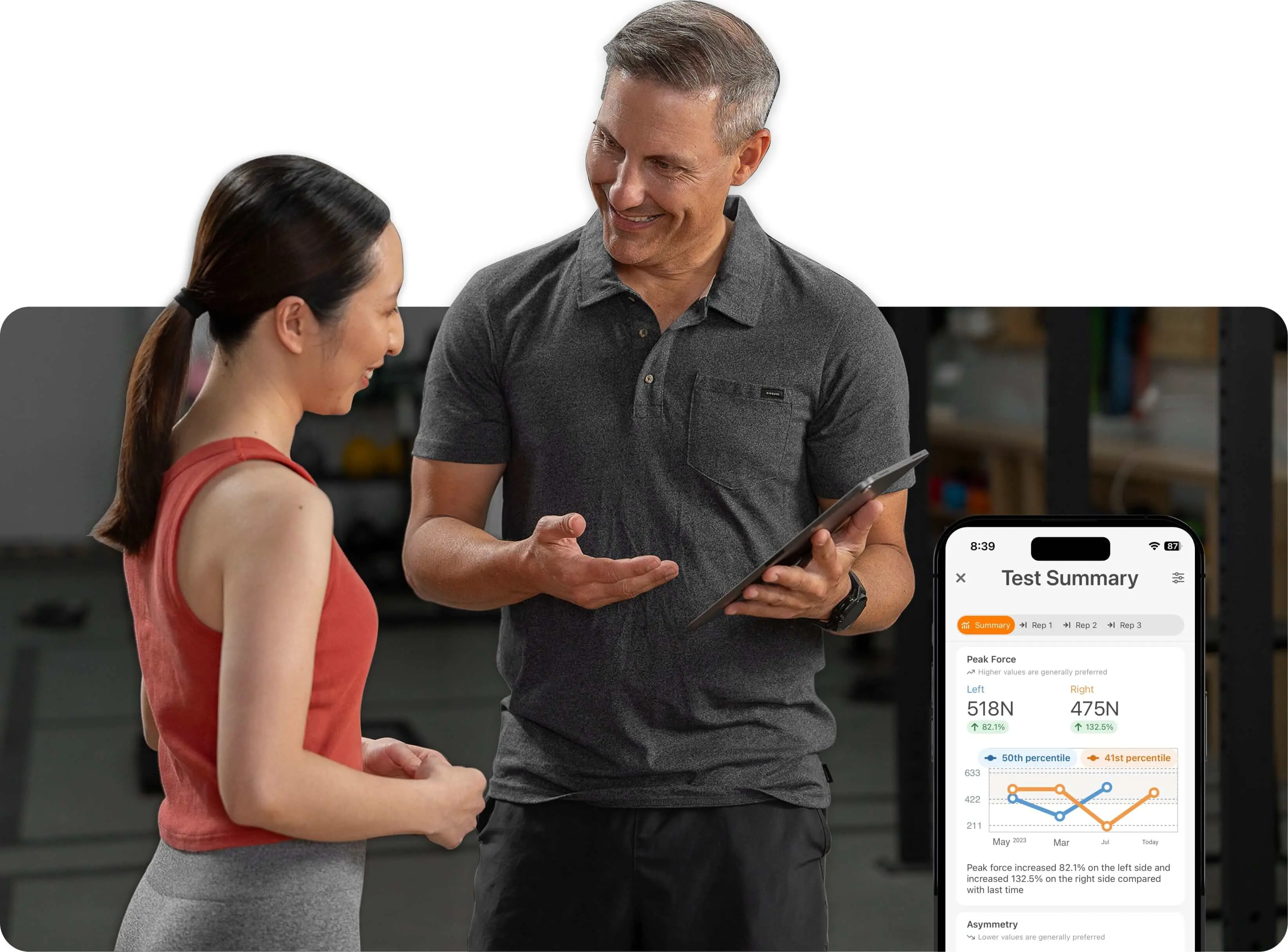 In-app display of longitudinal performance tracking and comparisons to normative data.