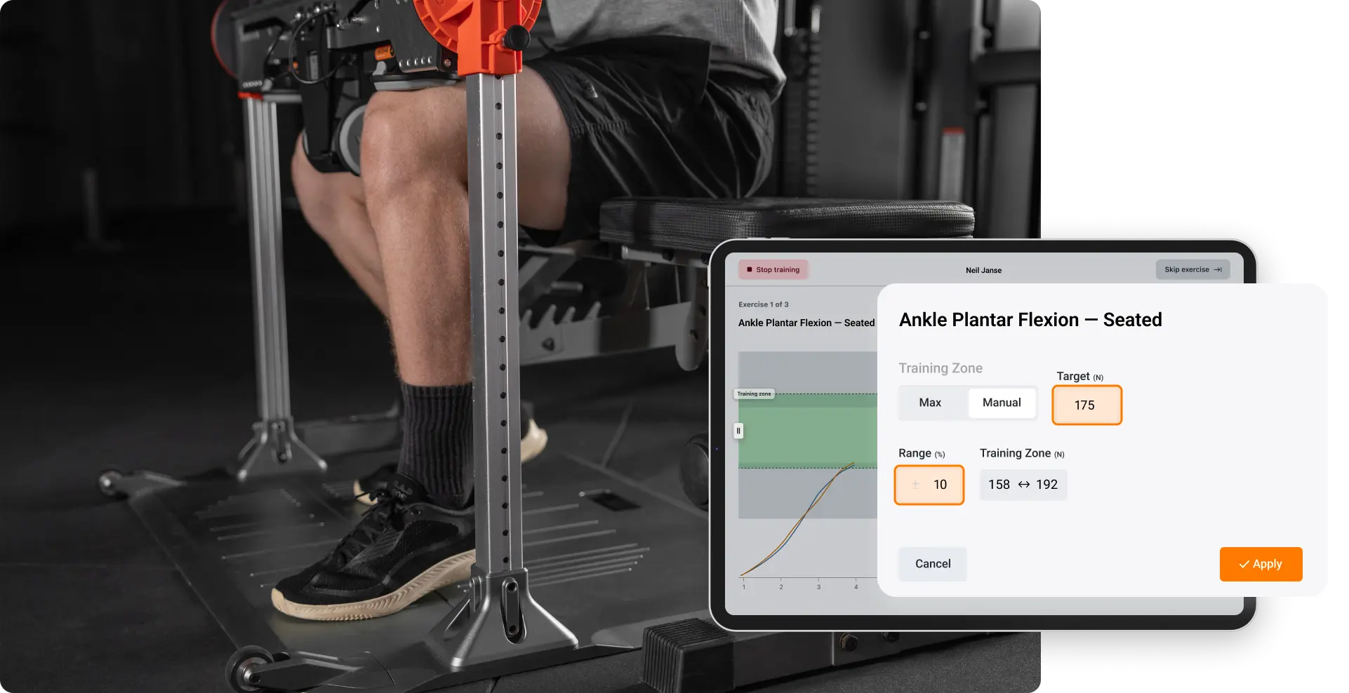 Example of plantar flexion isometric training with ForceFrame Training Mode in early rehab.
