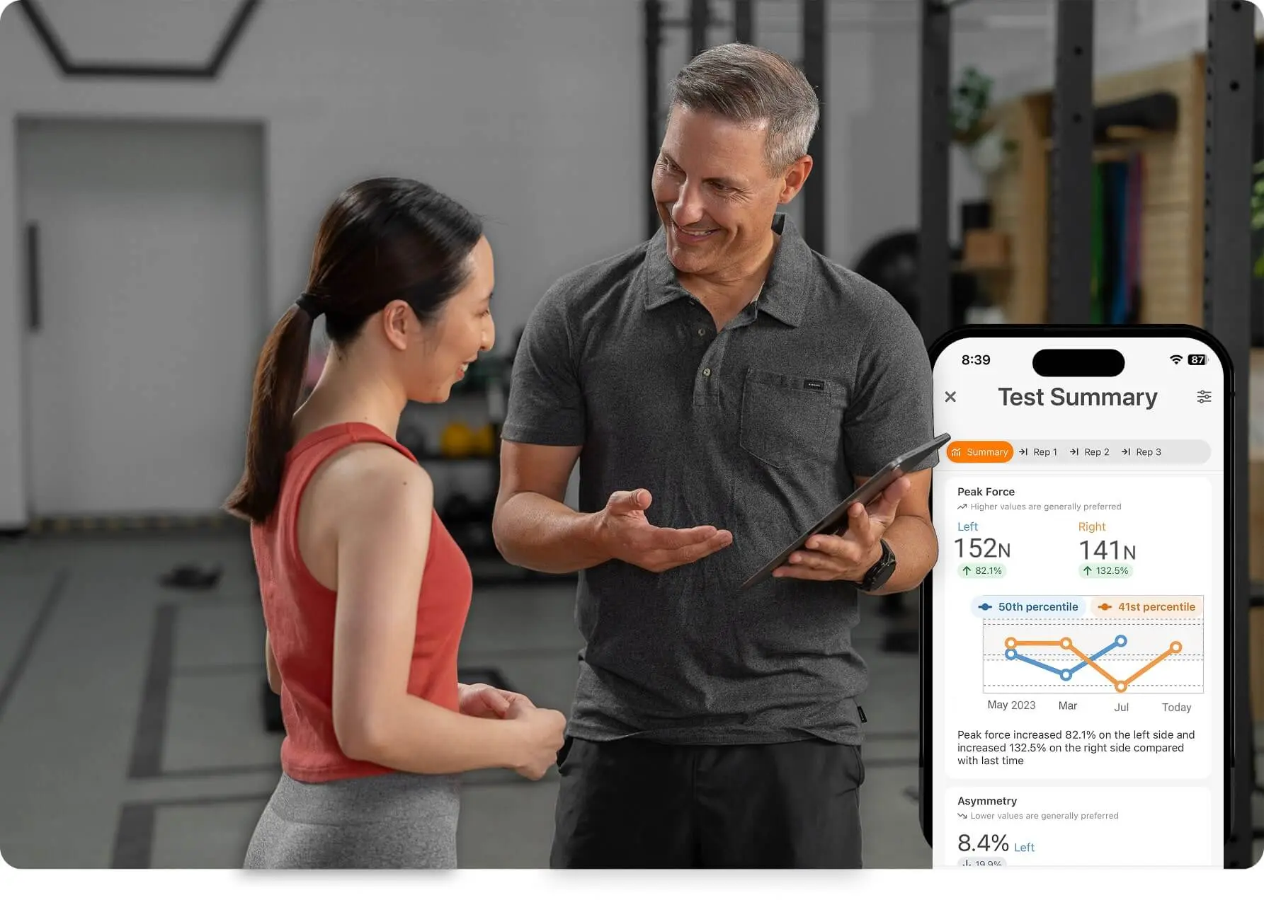 Testing summary showing longitudinal monitoring with in-app Norms.