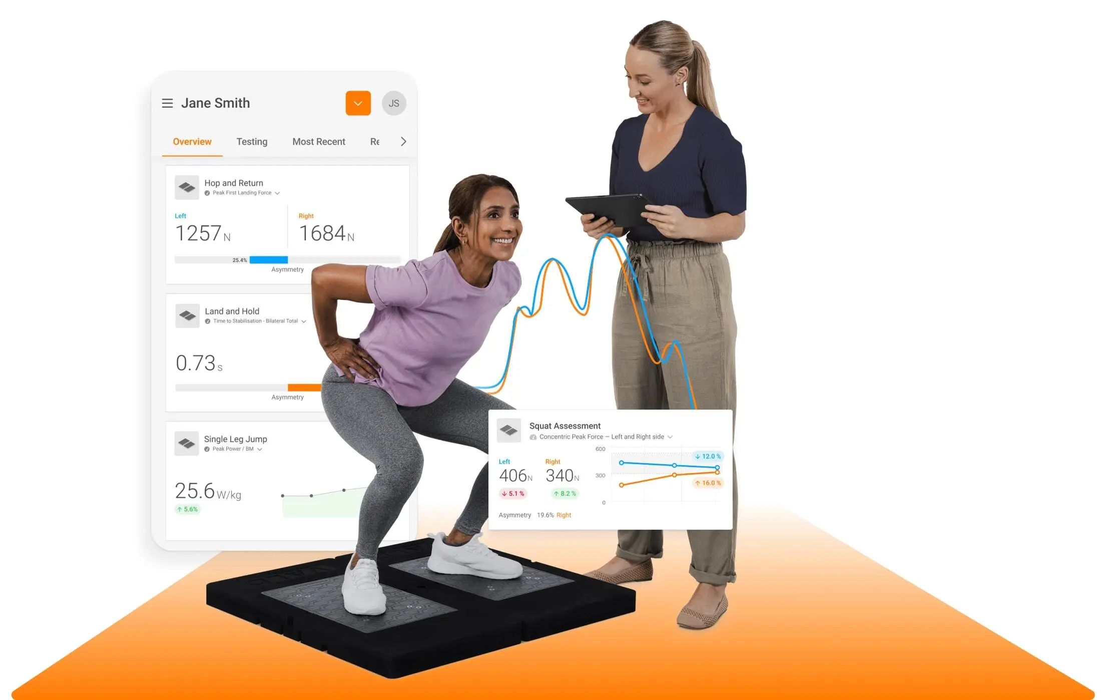 Patient performing a squat assessment on ForceDecks, with the practitioner reviewing real-time results.