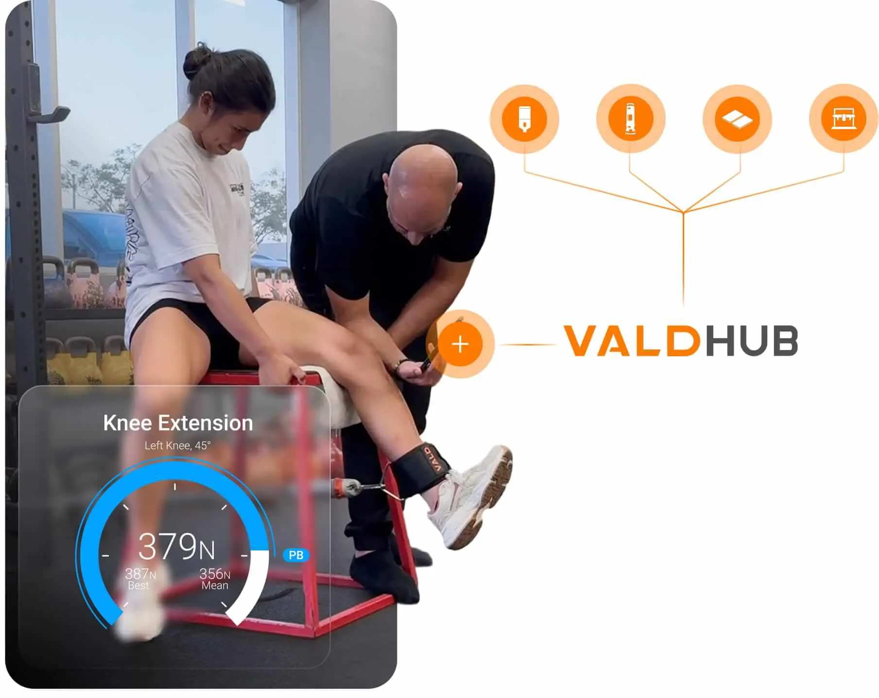 Ziad using DynaMo to test knee extension strength during rehabilitation.