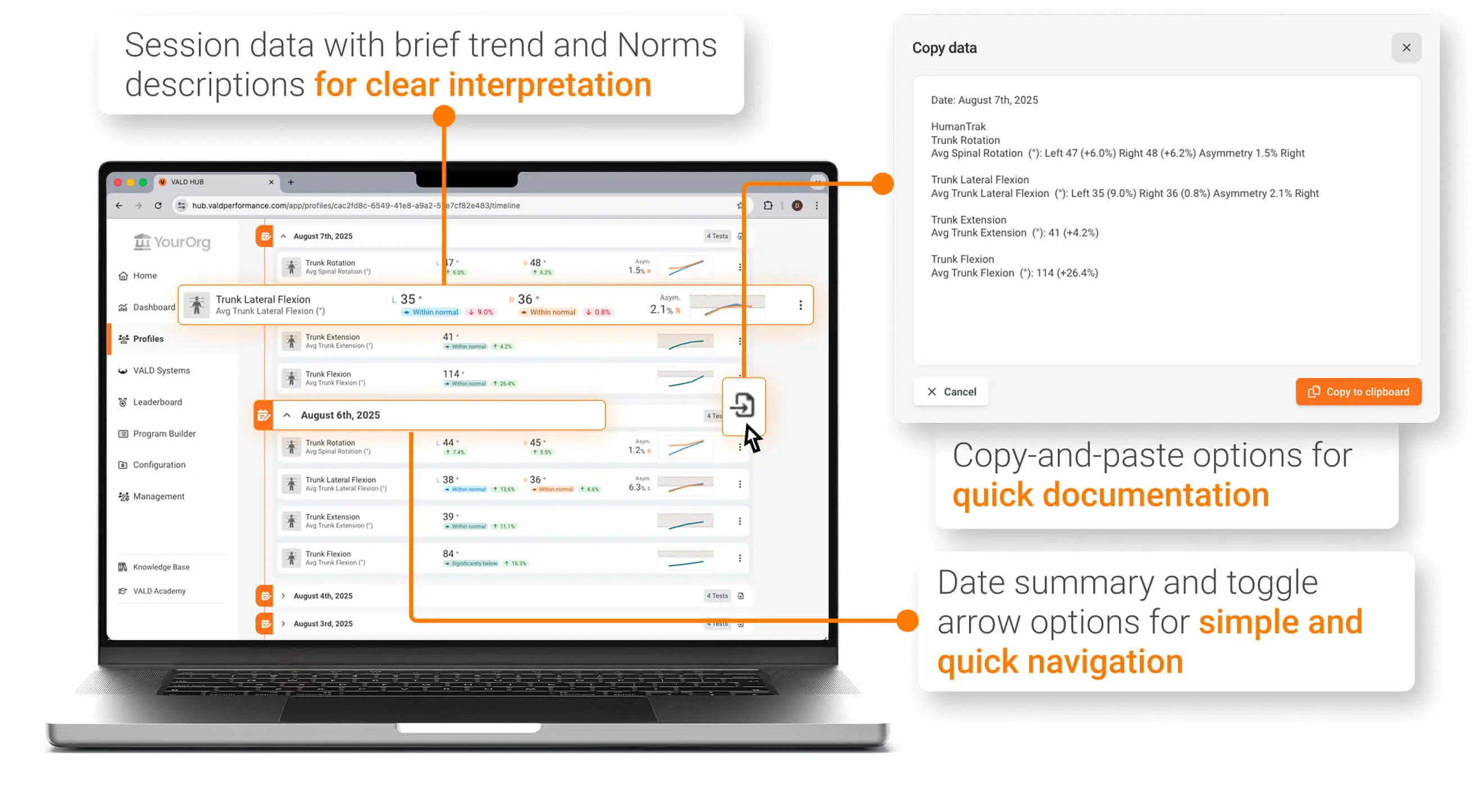 VALD Hub’s Timeline features