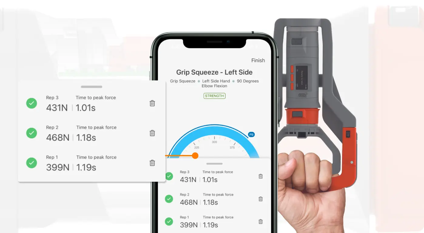 Real-time results showing both peak force and time to peak force from a grip squeeze test with DynaMo Plus. 