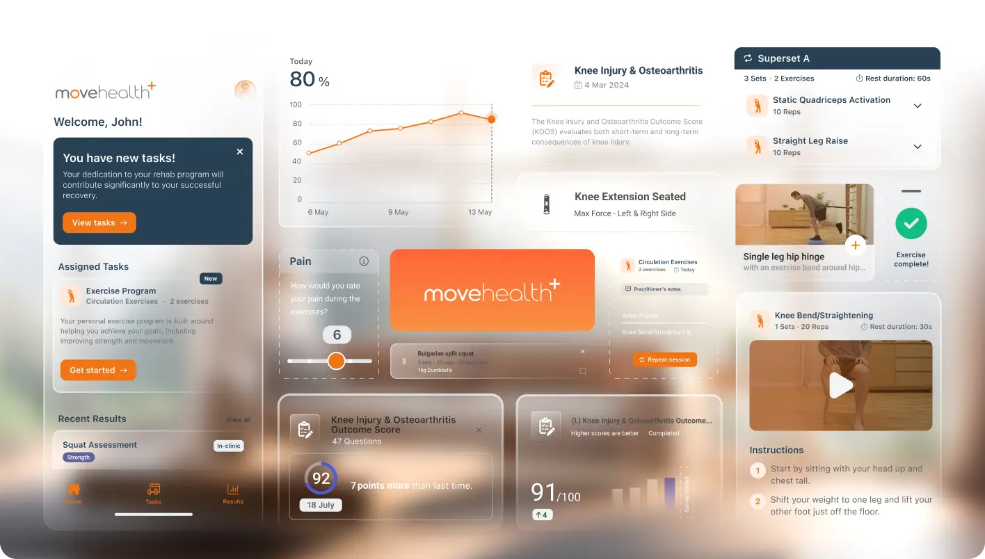 MoveHealth centralizes patient care, providing a complete toolkit ‒ exercise programs, feedback, results and progress tracking ‒ all in one app.