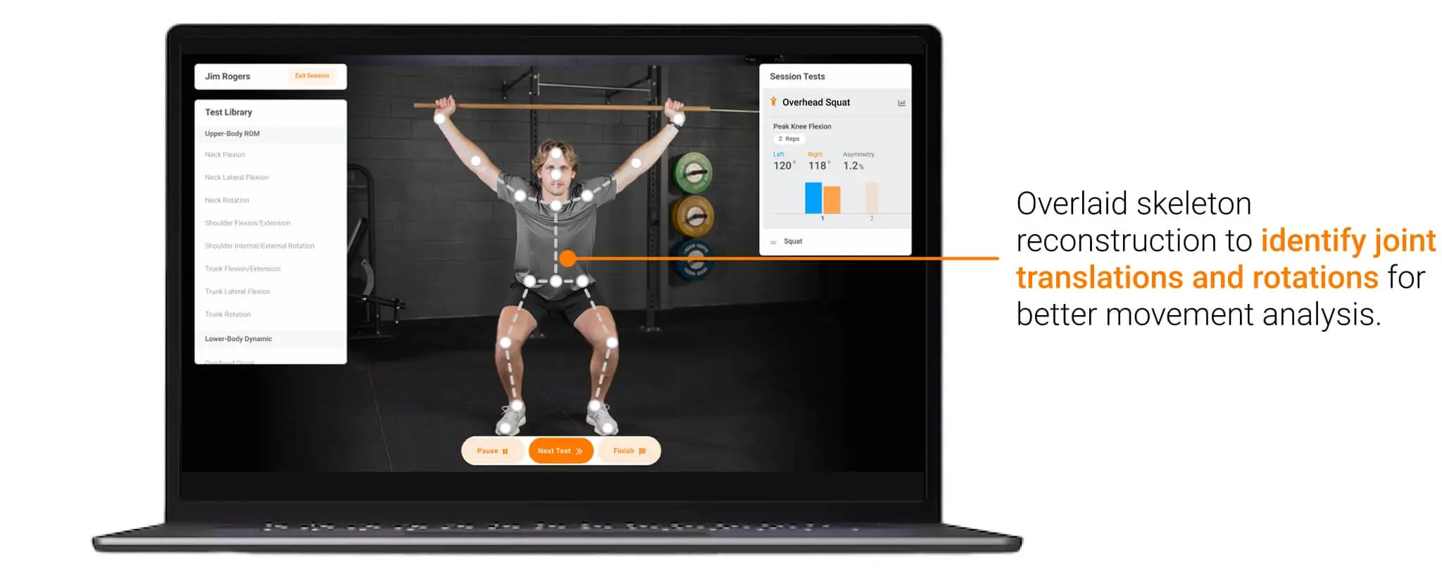 Overlaid skeleton reconstruction to identify joint translations and rotations for better movement analysis.