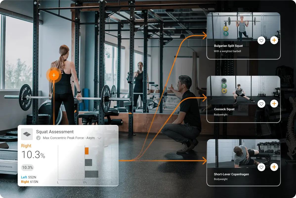 Physiotherapist integrating home exercise programs (HEPs) from MoveHealth based on previously collected ForceDecks data.