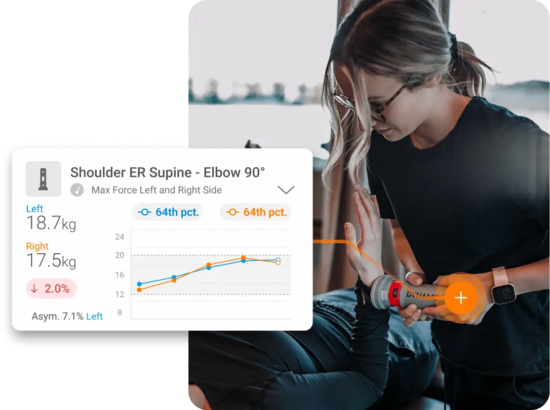 Bloom physiotherapist using DynaMo to assess shoulder external rotation strength.