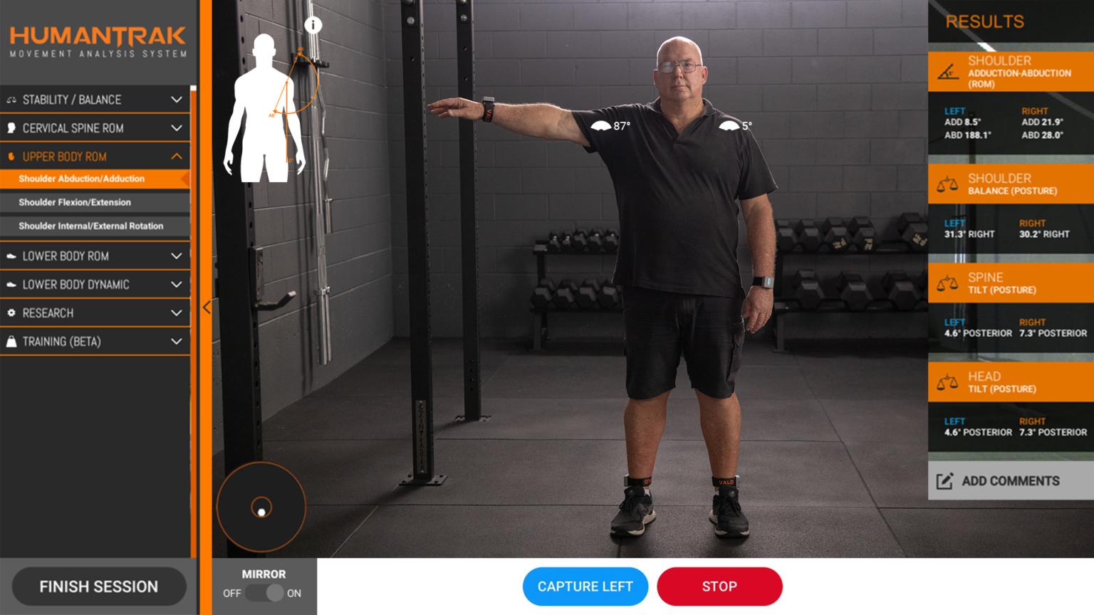 Figure 1. On screen results showing clear difference between right and left side range of motion, and greater movement compensation of spine tilt when performing right side ROM testing